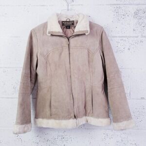 VTG Weather Tamer Suede Leather Coat Faux Fur Trim Size Medium Tan Beige‎